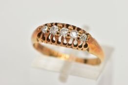 AN 18CT GOLD DIAMOND BOAT RING, five old cut diamonds, prong set in a yellow gold mount, leading