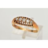 AN 18CT GOLD DIAMOND BOAT RING, five old cut diamonds, prong set in a yellow gold mount, leading