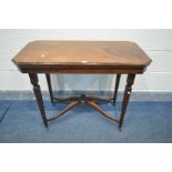 A 19TH CENTURY MAHOGANY AND INLAID FOLD OVER CARD TABLE, ebonised trim, purple baize surface, on