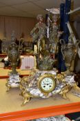 A FRENCH VARIGATED MARBLE CLOCK GARNITURE WITH GILT METAL MOUNTS, the dial having Arabic numeral
