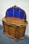 A VICTORIAN BURR WALNUT MIRROR BACK CHIFFONIER, with carved fruiting vine, leaves and grapes