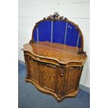 A VICTORIAN BURR WALNUT MIRROR BACK CHIFFONIER, with carved fruiting vine, leaves and grapes