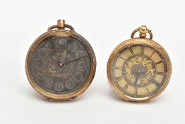 TWO YELLOW METAL LADIES POCKET WATCHES, hand wound movement, yellow tone dial with floral detailing,