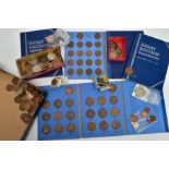 A CARDBOARD TRAY OF MAINLY UK 20th CENTURY COINS, included are 3x Whitman penny folders etc