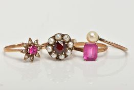 FOUR RINGS, to include a yellow metal garnet and seed pearl cluster ring, stamped 9ct, ring size