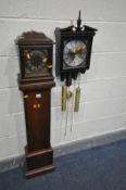 A 20TH CENTURY OAK GRANDDAUGHTER CLOCK, with an Ansonia clock co of USA movement, height 122cm, (
