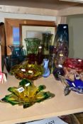 EIGHTEEN PIECES OF 20TH CENTURY COLOURED GLASSWARE AND FIVE PICTURES, the glassware including a