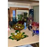 EIGHTEEN PIECES OF 20TH CENTURY COLOURED GLASSWARE AND FIVE PICTURES, the glassware including a