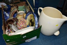 A BOX AND LOOSE CERAMIC WARES, to include a large cream glazed jug height 33cm, a Royal Doulton