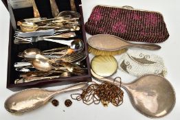 SILVER VANITY PIECES AND OTHER ITEMS, to include a three piece silver vanity set comprising of two