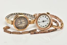 TWO 9CT GOLD LADIES WRISTWATCHES, a hand wound wristwatch, round white dial, Roman numerals, blue