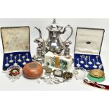 SILVER PLATED TEAPOT, CANDLESTICKS AND OTHER ITEMS, a silver plated teapot with cover and scroll