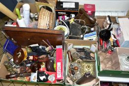 FIVE BOXES AND LOOSE FISHING RODS, SNOOKER CUES, TELESCOPE, METALWARES AND SUNDRY VINTAGE ITEMS,