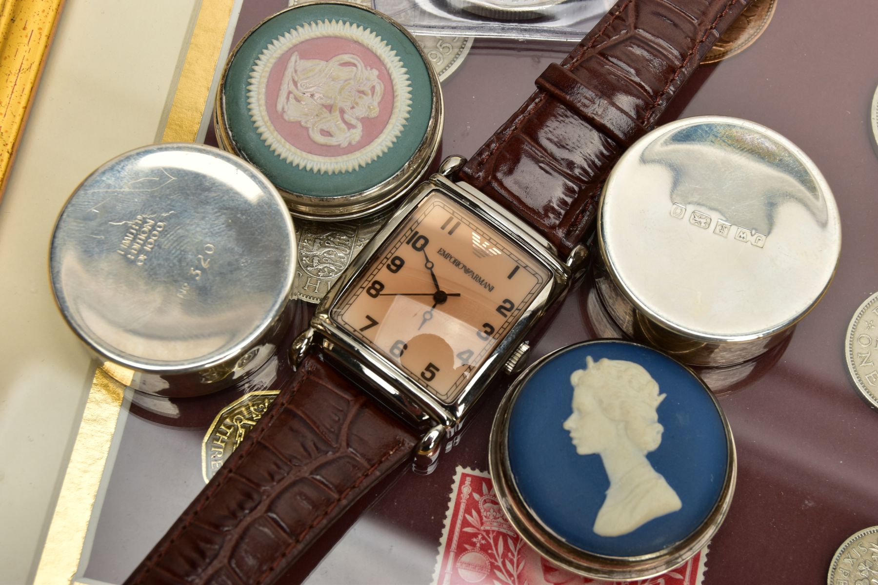 A FRAMED 1953 COIN SET, WRISTWATCH AND TWO TRINKETS, the framed set of a coins to include a - Image 4 of 5