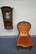 AN EARLY TO MID 20TH CENTURY OAK WALL CLOCK (two keys and pendulum) and a Victorian spoon back chair