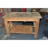 A MODERN BESPOKE PINE WORKBENCH with loose undershelf, width 122cm, depth 58cm and height 79cm