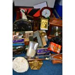 TWO BOXES AND LOOSE CLOCKS, MODERN DIE CAST VEHICLES, SHOOTING STICK, GAMES, ETC, including a