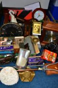 TWO BOXES AND LOOSE CLOCKS, MODERN DIE CAST VEHICLES, SHOOTING STICK, GAMES, ETC, including a