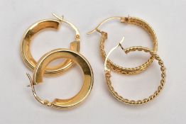 TWO PAIRS OF 9CT GOLD HOOP EARRINGS, the first a pair of open work textured hoops with lever back