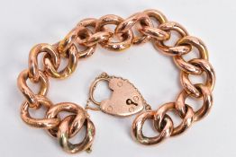 A ROSE METAL CHAIN BRACELET, a hollow rose tone curb link chain, some links detailed with a scale