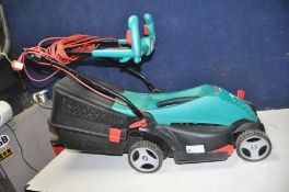 A BOSCH ROTAK 370ER ELECTRIC LAWN MOWER with grass box (PAT pass and working) and a Flymo S-561 82