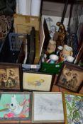 THREE BOXES AND LOOSE PICTURES, CERAMICS AND GLASSWARES, to include eighteen picture frames,