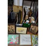 THREE BOXES AND LOOSE PICTURES, CERAMICS AND GLASSWARES, to include eighteen picture frames,