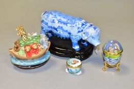 FOUR HALCYON DAYS ITEMS, comprising a Noah's Ark porcelain and enamel bonbonniere, height 7cm and