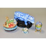 FOUR HALCYON DAYS ITEMS, comprising a Noah's Ark porcelain and enamel bonbonniere, height 7cm and