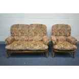 AN ERCOL ELM WINDSOR JUBILEE TWO PIECE LOUNGE SUITE, comprising of a two seater sofa and an arm