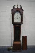 A GEORGIAN MAHOGANY EIGHT DAY LONGCASE CLOCK, the hood with a swan neck pediment and eagle pediment,