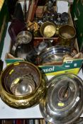 A BOX AND LOOSE METALWARES, ETC, including a silver plated oval entree dish and cover, silver plated
