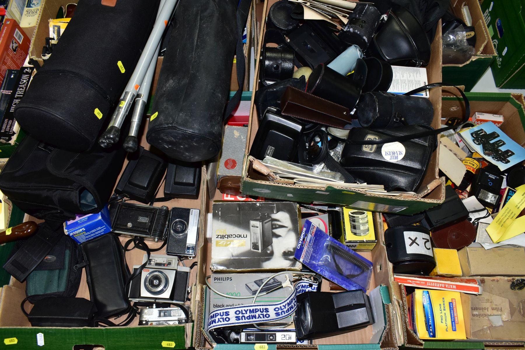 FIVE BOXES AND LOOSE PHOTOGRAPHY EQUIPMENT, including assorted Kodak and other used cameras, empty