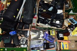 FIVE BOXES AND LOOSE PHOTOGRAPHY EQUIPMENT, including assorted Kodak and other used cameras, empty