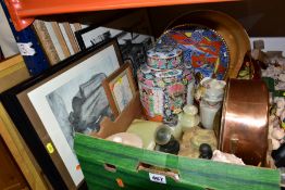 A BOX AND LOOSE OF CERAMICS, METALWARES, ONYX AND PRINTS, ETC, including a Carlton Ware Rouge