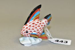 A HEREND RED FISHNET FIGURE OF SAILING FISH ON A MOULDED BASE, multi coloured and gilt fins, printed