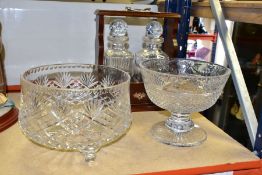 TWO GLASS BOWLS AND A TANTALUS, comprising a cut crystal pedestal bowl with floral and diamond