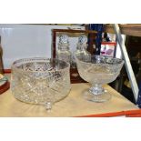 TWO GLASS BOWLS AND A TANTALUS, comprising a cut crystal pedestal bowl with floral and diamond