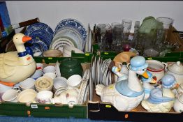 FOUR BOXES OF KITCHEN CERAMICS AND GLASSWARE, ETC, including novelty duck biscuit barrels,