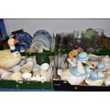 FOUR BOXES OF KITCHEN CERAMICS AND GLASSWARE, ETC, including novelty duck biscuit barrels,