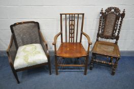 A 19TH CENTURY CARVED OAK BERGERE HALL CHAIR, along with an oak Arts and Crafts elbow chair with a
