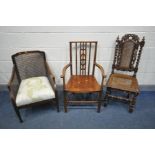 A 19TH CENTURY CARVED OAK BERGERE HALL CHAIR, along with an oak Arts and Crafts elbow chair with a