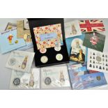 A CARDBOARD BOX CONTAINING COINS, COMMEMORATIVE COIN COVERS SILVER PROOFS, ROYAL MINT,