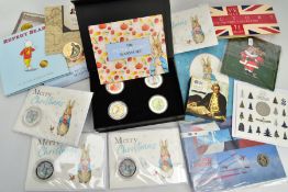 A CARDBOARD BOX CONTAINING COINS, COMMEMORATIVE COIN COVERS SILVER PROOFS, ROYAL MINT,