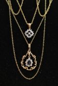 TWO 9CT GOLD PENDANT NECKLACES, the first pendant of an openwork scroll detailed design, to the