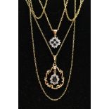 TWO 9CT GOLD PENDANT NECKLACES, the first pendant of an openwork scroll detailed design, to the