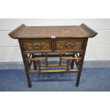 A CHINEESE STYLE BAMBOO EFFECT SIDE TABLE, with two frieze drawers, length 77cm x depth 40cm x