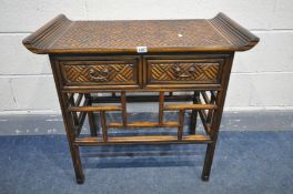 A CHINEESE STYLE BAMBOO EFFECT SIDE TABLE, with two frieze drawers, length 77cm x depth 40cm x