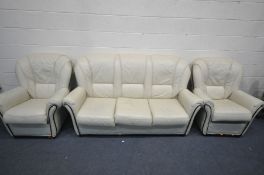 A CREAM LEATHER THREE PIECE LOUNGE SUITE, comprising an three seater sofa, length 180cm, and two