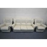 A CREAM LEATHER THREE PIECE LOUNGE SUITE, comprising an three seater sofa, length 180cm, and two